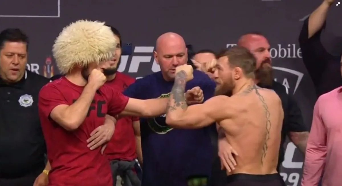Khabib Nurmagomedov and Conor Mcgregor staredown after their weigh in for UFC229 on Oct. 5, 2018 at LAS VEGAS, Nev. (Screenshot/Reuters)