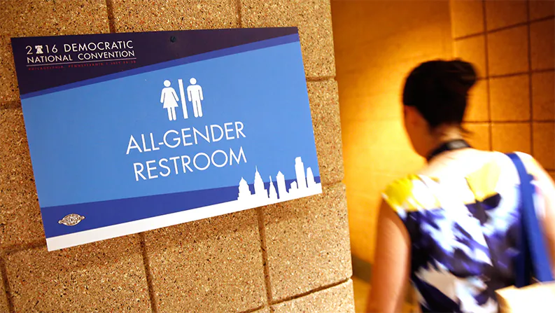 An all-gender restroom sign is posted at the Democratic National Convention in Philadelphia, Pennsylvania, on July 25, 2016. (Win McNamee/Getty Images)