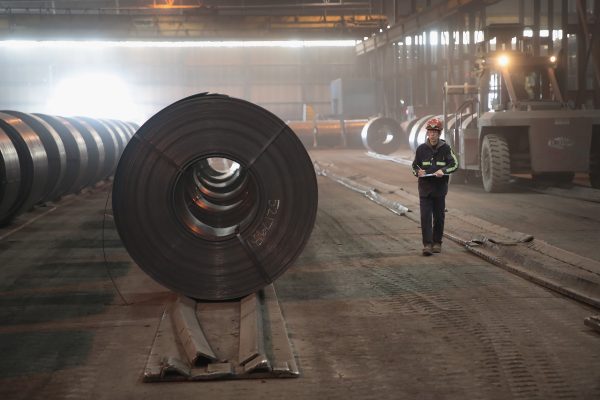 Steel coils produced at the NLMK Indiana steel mill in Portage