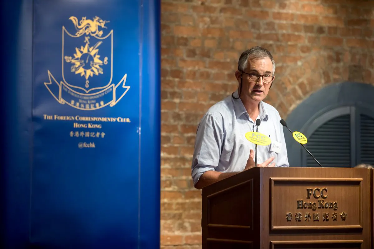 Victor Mallet, a Financial Times journalist and first vice president of the Foreign Correspondents' Club (FCC), speaks during a luncheon at the FCC in Hong Kong, China on Aug. 14, 2018. (Paul Yeung/Pool via Reuters)