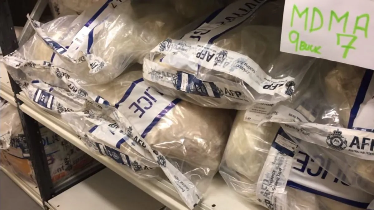 The bags of MDMA seized by the Australian Federal Police in SYDNEY, NSW on Oct. 6, 2018. (Screenshot/Australian Federal Police)