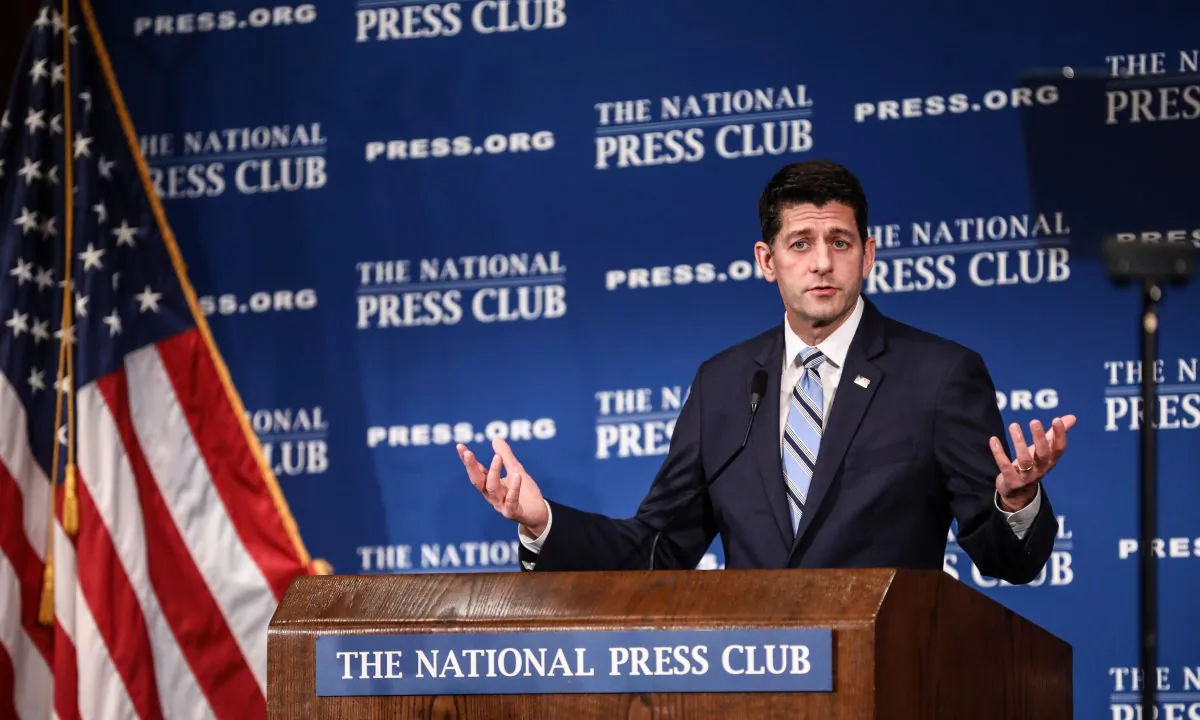 Paul Ryan, Speaker of the House of Representatives, speaks at the National Press Club in Washington on Oct. 8, 2018. (Samira Bouaou/The Epoch Times)