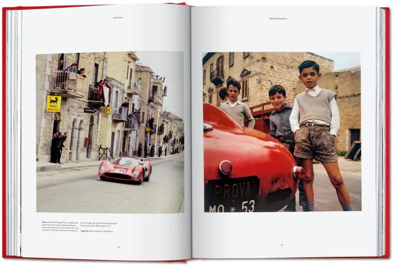 (L) Crowds cheer on at the 1966 Targa Florio, Sicily. (R) boys admire a "Ferrari 750 Monza." (Taschen)
