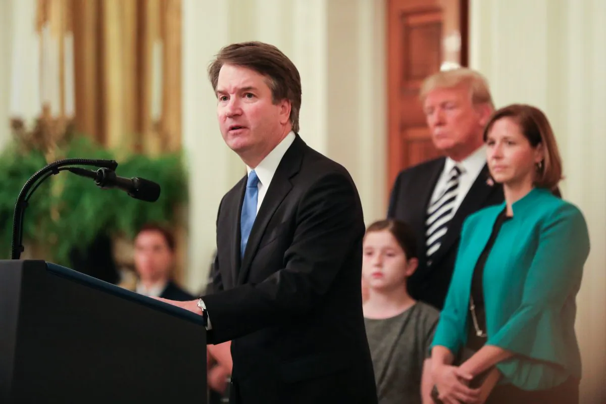 Brett Kavanaugh speaks after being sworn-in as associate justice of the Supreme Court at the White House in Washington, on Oct. 8, 2018. (Holly Kellum/The Epoch Times)