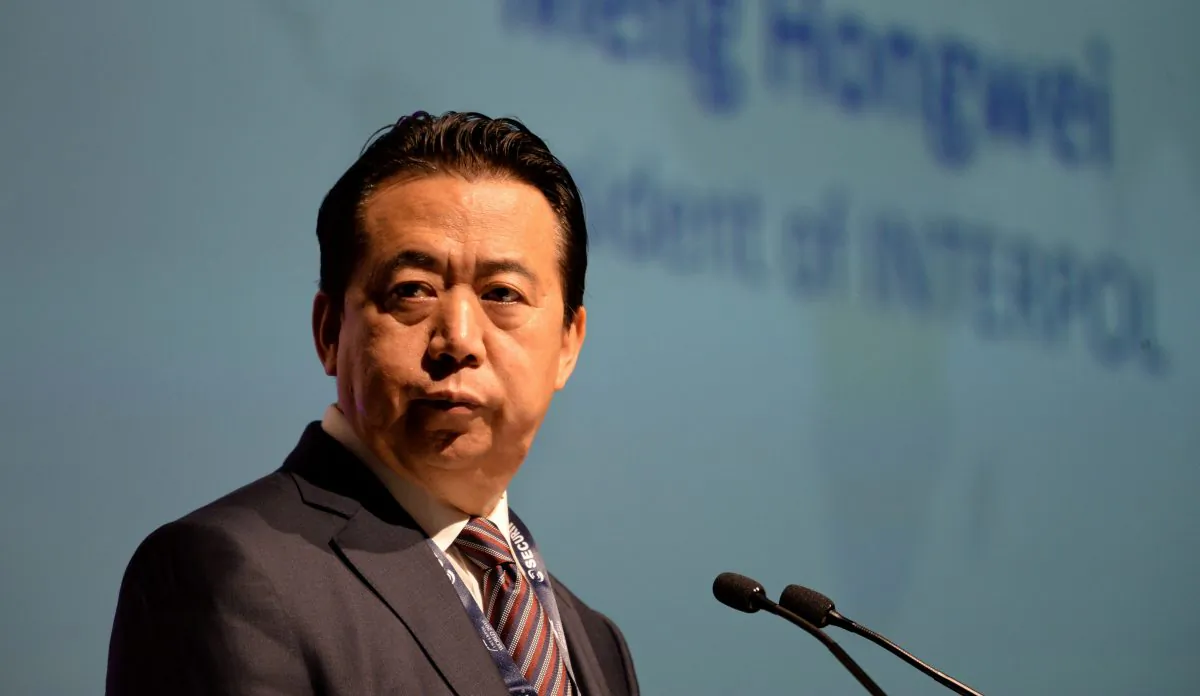 Meng Hongwei, president of Interpol, gives an addresses at the opening of the Interpol World Congress in Singapore on July 4, 2017. - The three-day conference on fostering innovation for future security challenges is taking place from July 4 to 6. (Photo by ROSLAN RAHMAN / AFP) (Photo credit should read ROSLAN RAHMAN/AFP/Getty Images)