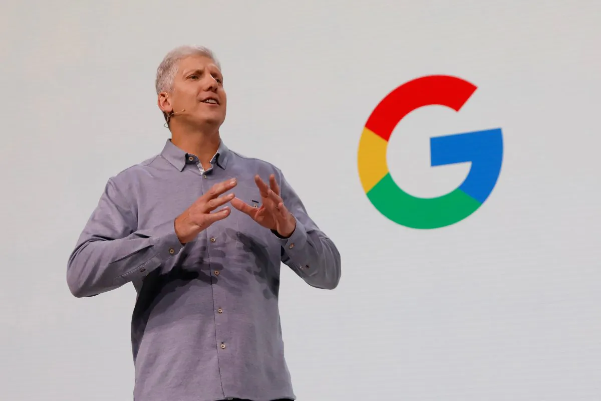 Rick Osterloh, Google's hardware senior vice president, speaks during a news conference on the Google Pixel 3 third generation smartphone and other products in Manhattan, New York, on Oct. 9, 2018.  (Shannon Stapleton/Reuters)