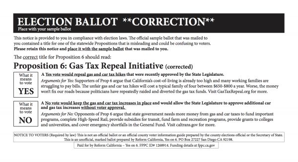 Prop 6 Ballot Correction Mailer