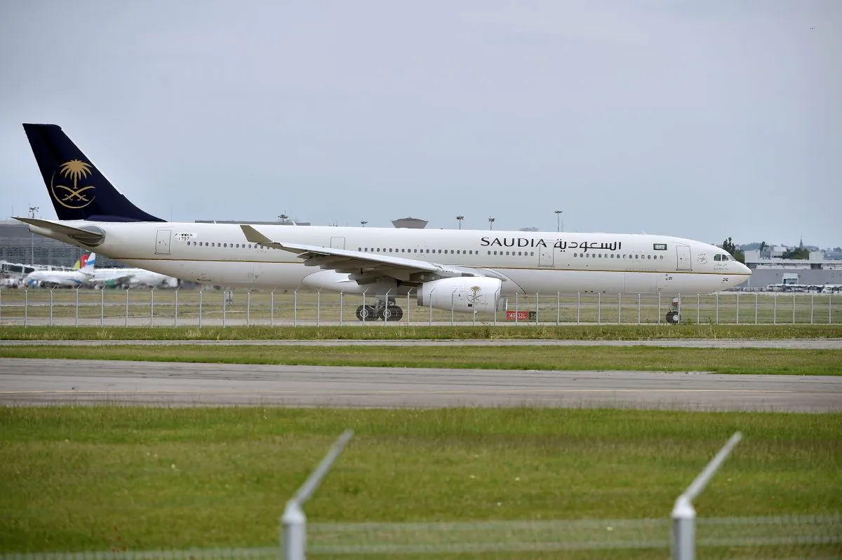 A Saudia airline Airbus A330 lands in Toulouse, France, on July 22, 2017. (Remy Gabalda/AFP/Getty Images)