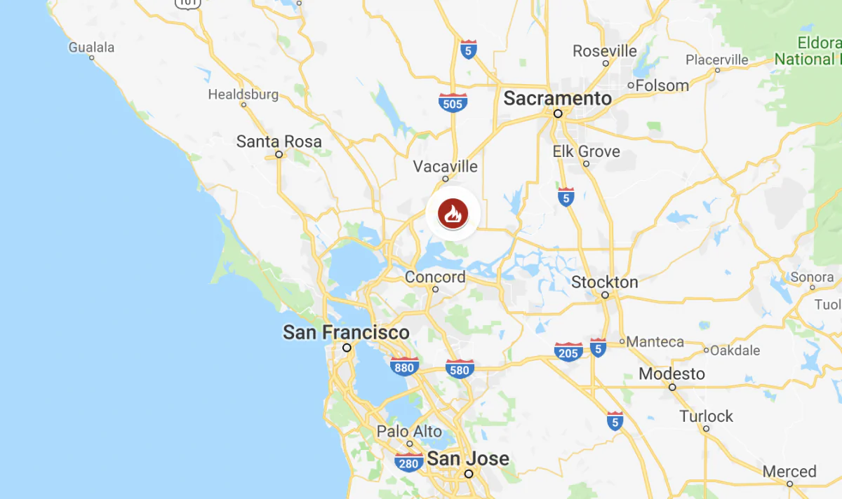 The Branscombe Fire in Solano County started on Oct. 7, 2018. (Cal Fire/Google Maps)