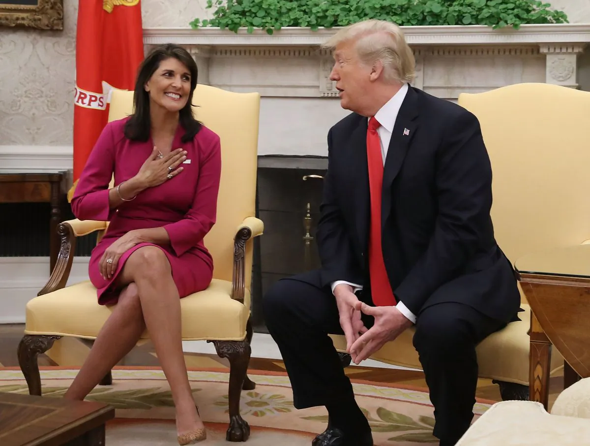 President Donald Trump announces that he has accepted the resignation of Nikki Haley as U.S. Ambassador to the United Nations, in the White House Oval Office in Washington on Oct. 9, 2018. (Mark Wilson/Getty Images)