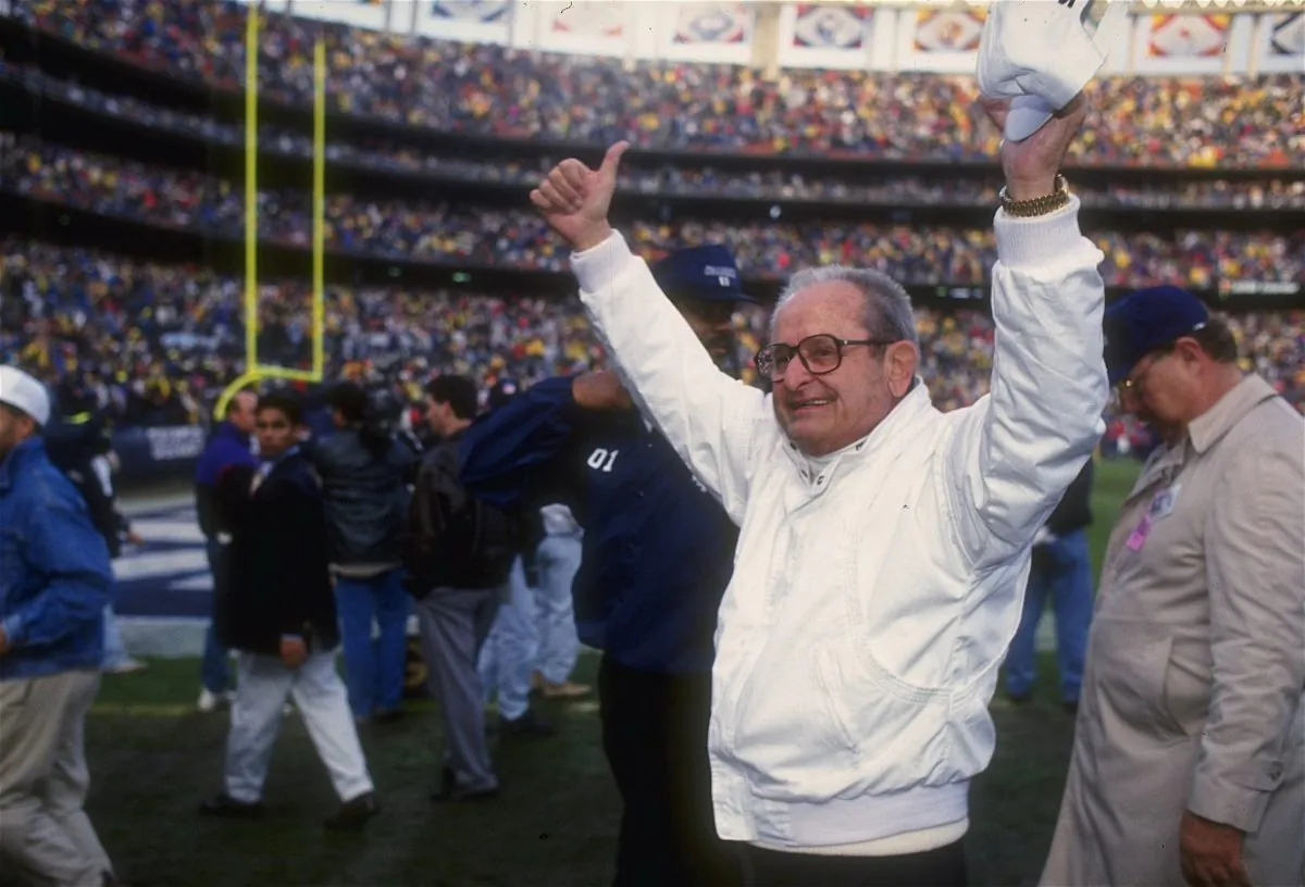 San Diego Chargers owner Alex Spanos celebrates during a playoff game against the Kansas City Chiefs at Jack Murphy Stadium in San Diego, California. (Stephen Dunn/Allsport)