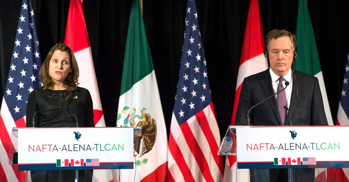 Canadian Foreign Affairs minister Chrystia Freeland speaks as US Trade Representative Robert Lighthizer looks on at the closing of the NAFTA meetings in Montreal on January 29, 2018. Canada assumed stronger intellectual property protection in the new USMCA thanks to American asks. (Peter McCabe/AFP/Getty Images)