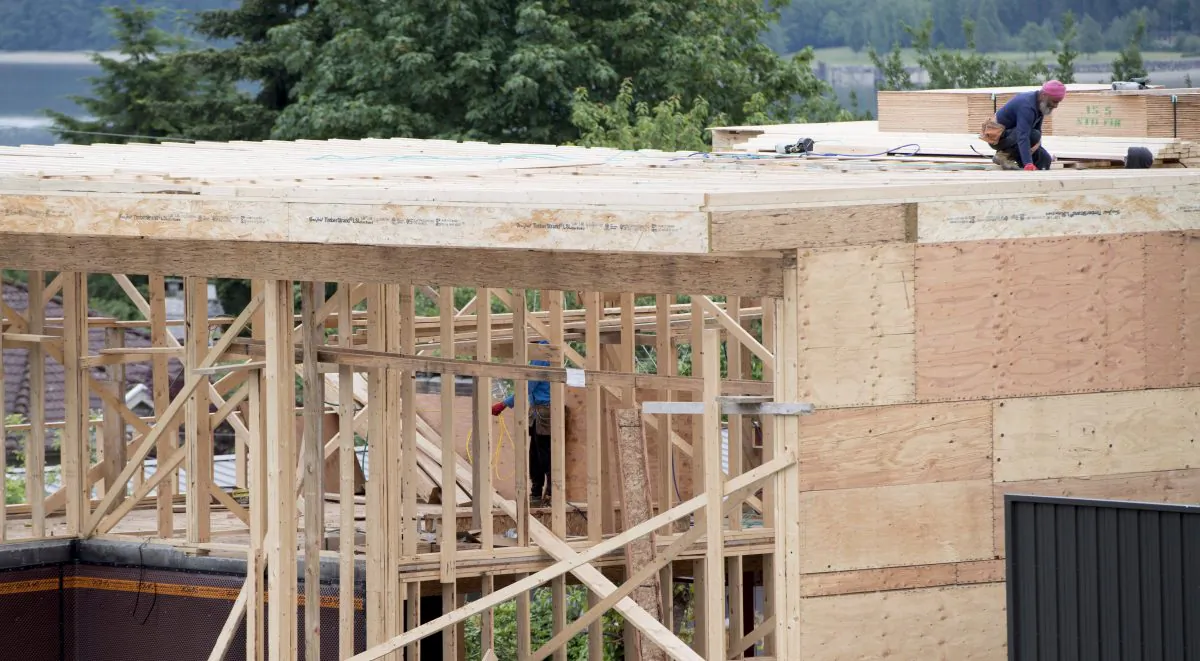 A new home is under construction in North Vancouver, B.C., on June 12. The annual pace of Canadian housing starts in September slowed compared to August. (The Canadian Press/Jonathan Hayward)