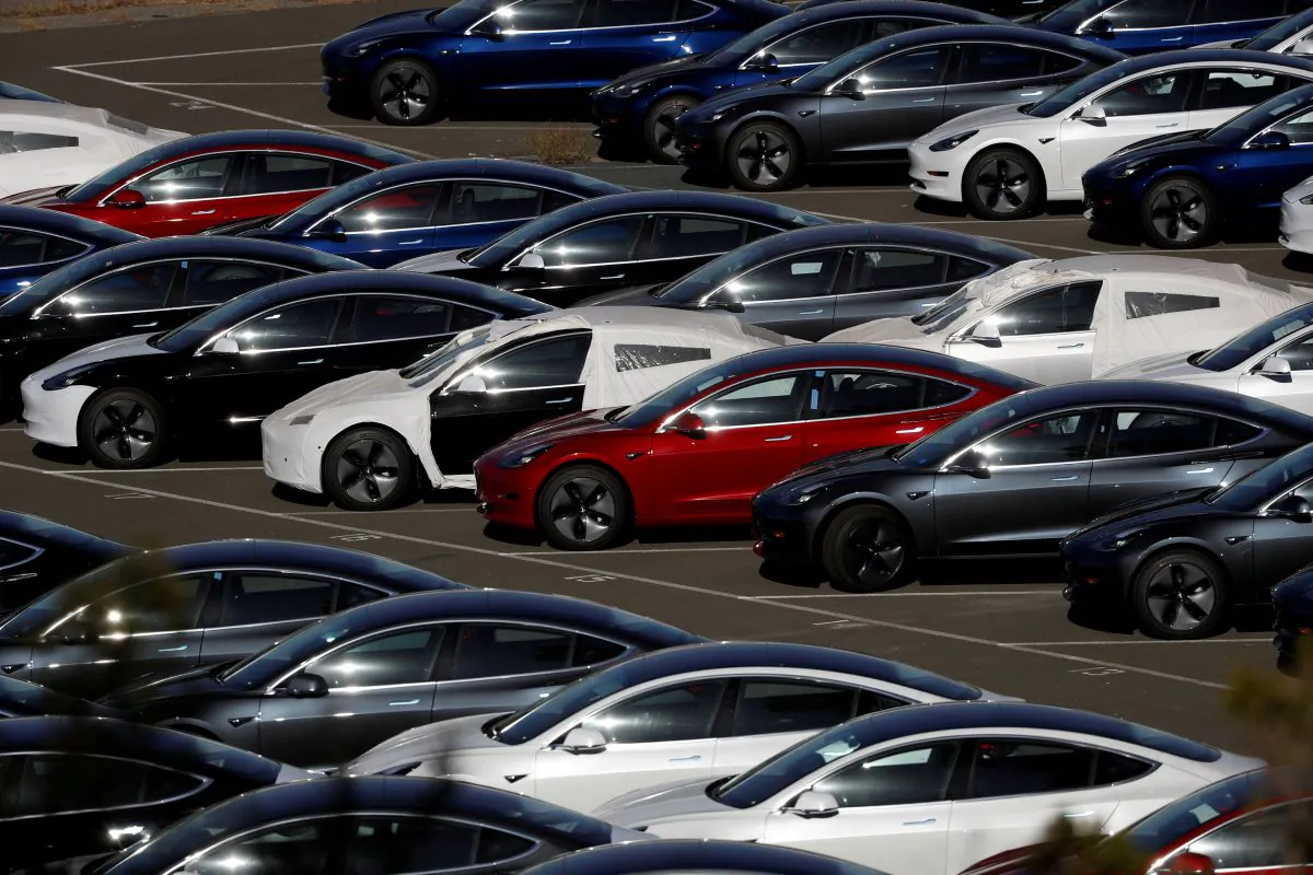 Rows of the new Tesla Model 3 electric vehicles are seen in Richmond, Calif., on June 22, 2018.  (Stephen Lam/Reuters)