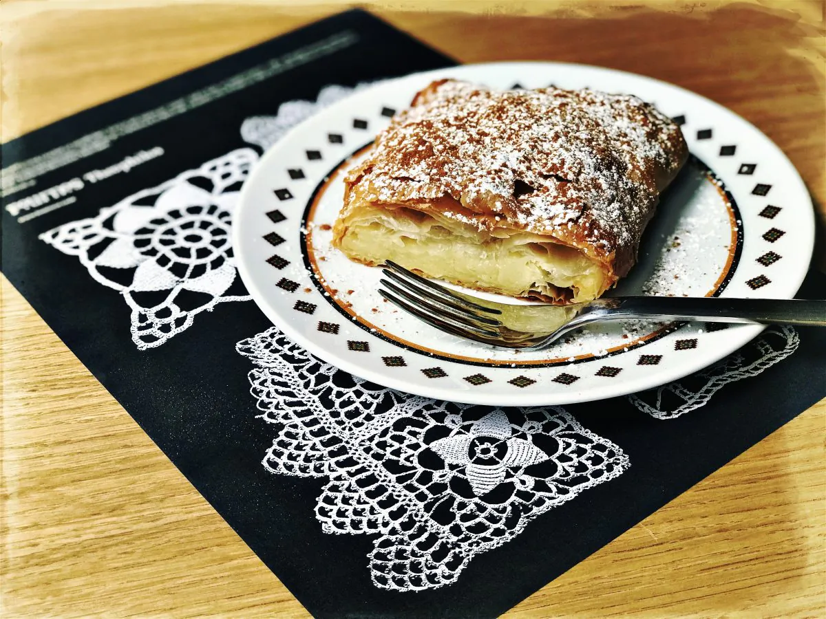 Bougatsa, a Greek breakfast pastry filled with semolina custard. (Courtesy of Fournos Theophilos)