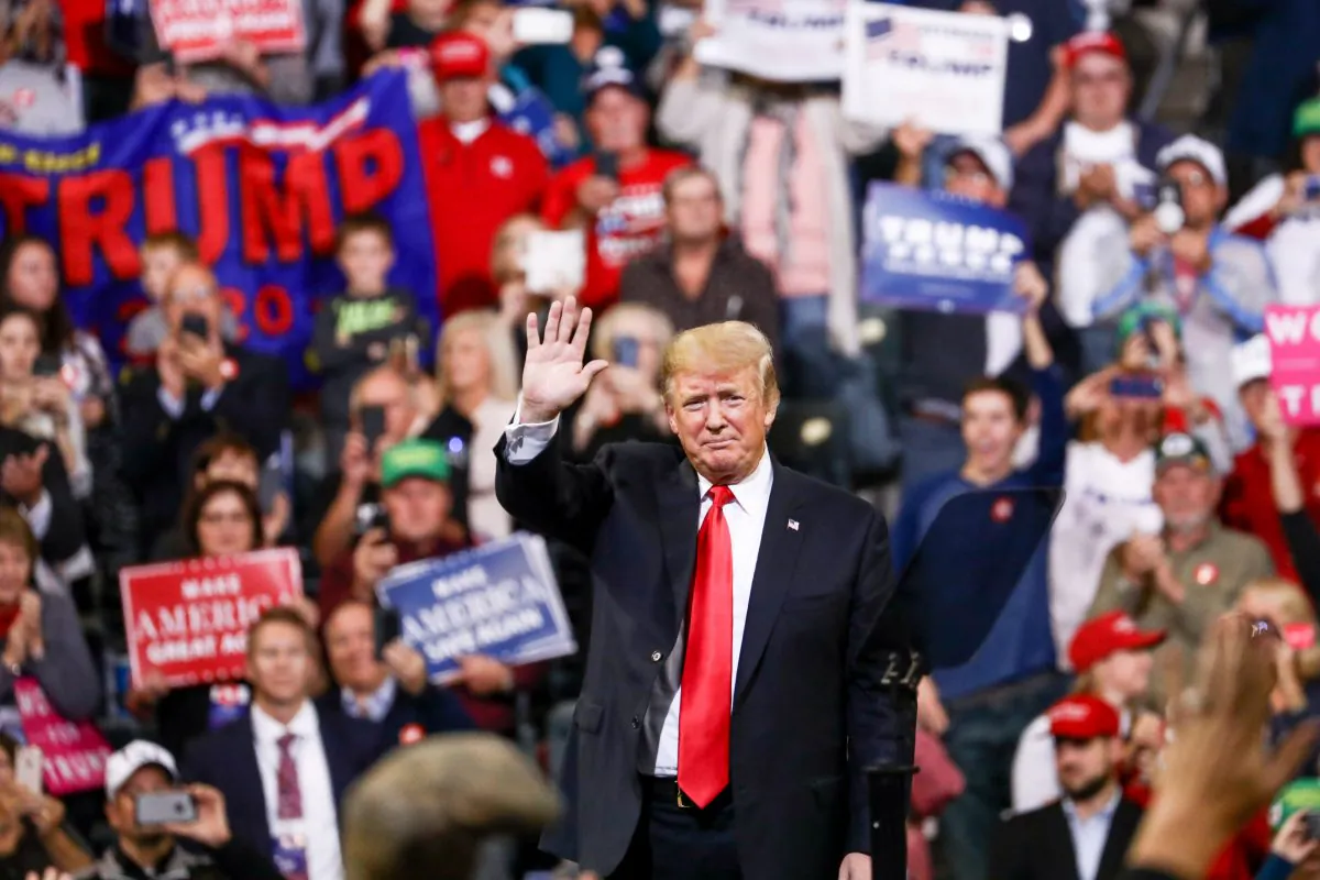President Donald Trump at a Make America Great Again rally in Council Bluffs, Iowa, on Oct. 9, 2018. (Charlotte Cuthbertson/The Epoch Times)