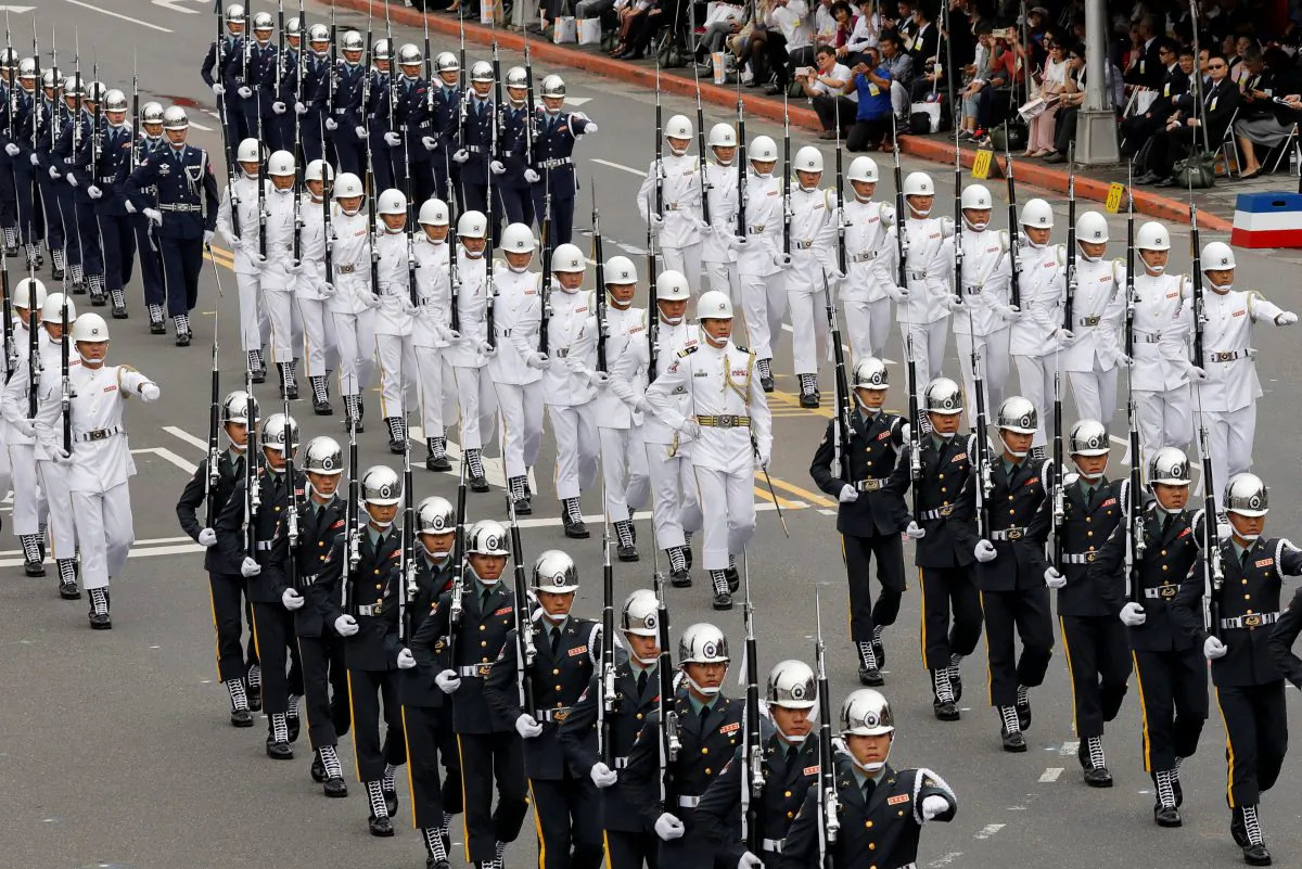 Military honor guards take part in the National Day celebrations in Taipei on Oct. 10, 2018. (Tyrone Siu/Reuters)