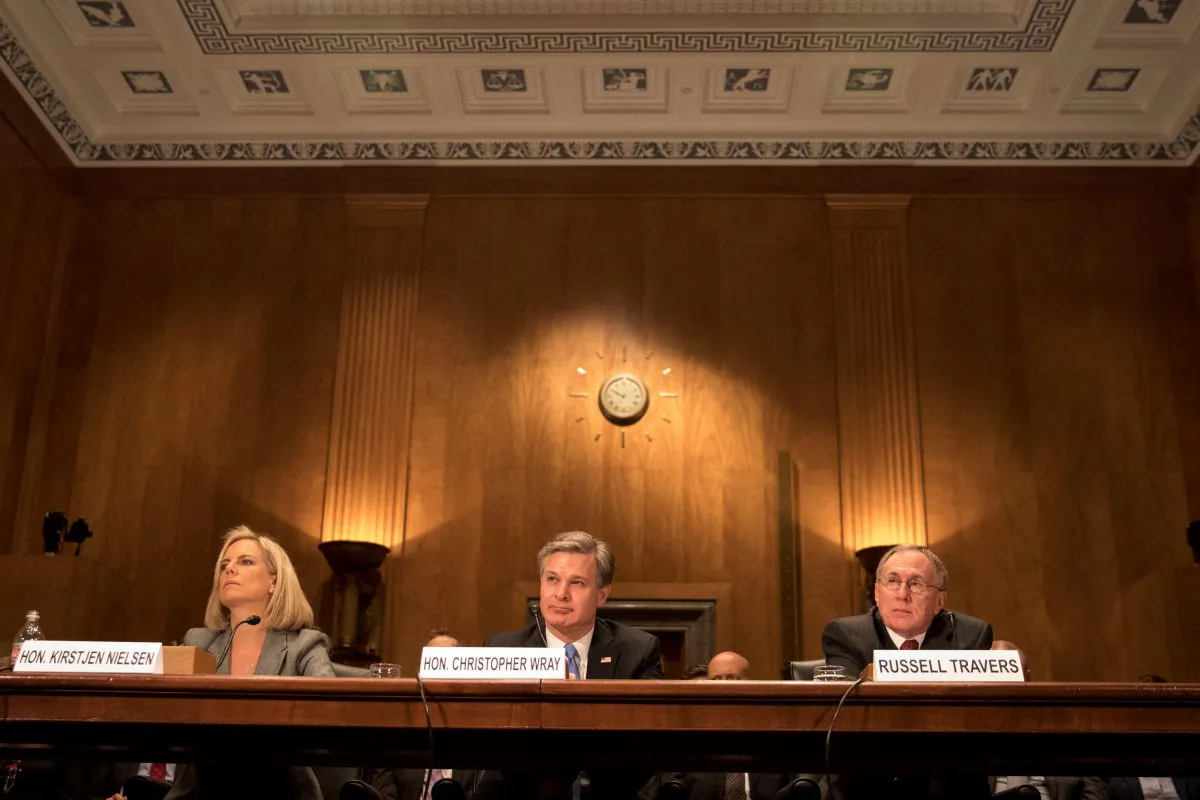 Homeland Security Secretary Kirstjen Nielsen, FBI Director Christopher Wray, and Russell Travers, Acting Director of National Counterterrorism Center, testify before a Senate Homeland Security and Government Affairs Committee hearing on "Threats to the Homeland" at the Dirksen Senate Office Building in Washington, D.C., on Oct. 10, 2018. (Alex Wroblewski/Reuters)