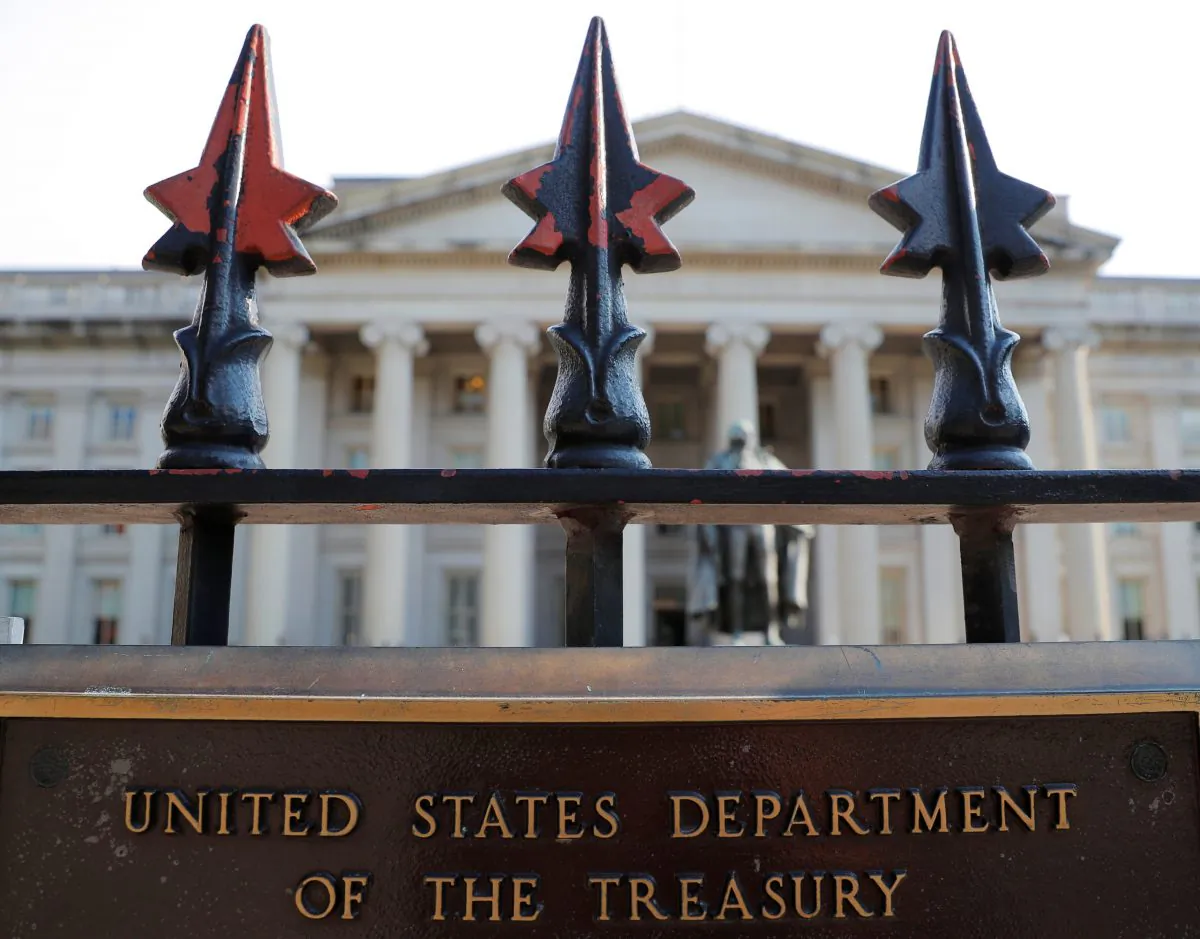 A sign marks the U.S Treasury Department in Washington, D.C., on Aug. 6, 2018. (Brian Snyder/Reuters)