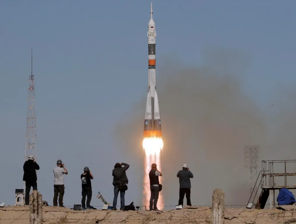The Soyuz-FG rocket booster with Soyuz MS-10 space ship carrying a new crew to the International Space Station blasts off at the Russian-leased Baikonur cosmodrome, Kazakhstan, on Oct. 11, 2018. (AP Photo/Dmitri Lovetsky)