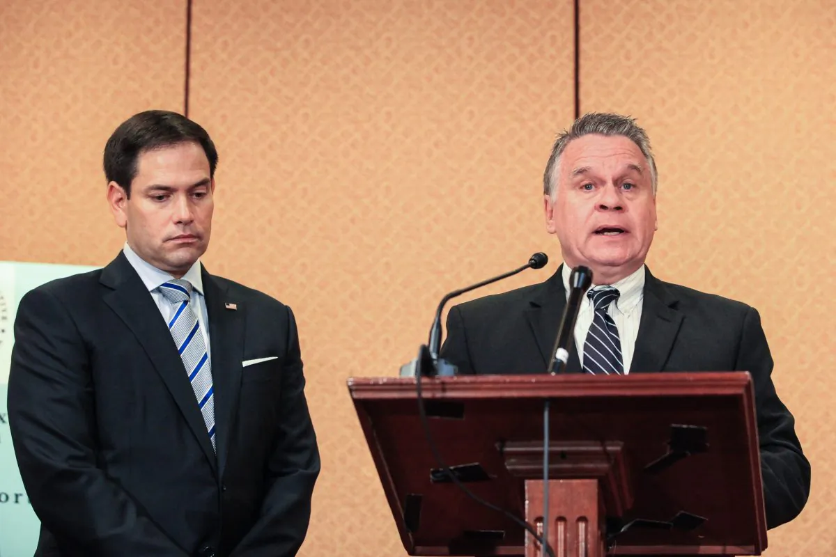 Rep. Chris Smith (R-NJ) (R), CoChairman of the Congressional-Executive Commission on China (CECC), and Sen. Marco Rubio (R-FL) Chairman of CECC, speak on the release of the 2018 Annual Report of the Commission on human rights conditions and rule of law developments in China, in Washington, on Oct. 10, 2018. (Jennifer Zeng/The Epoch Times)