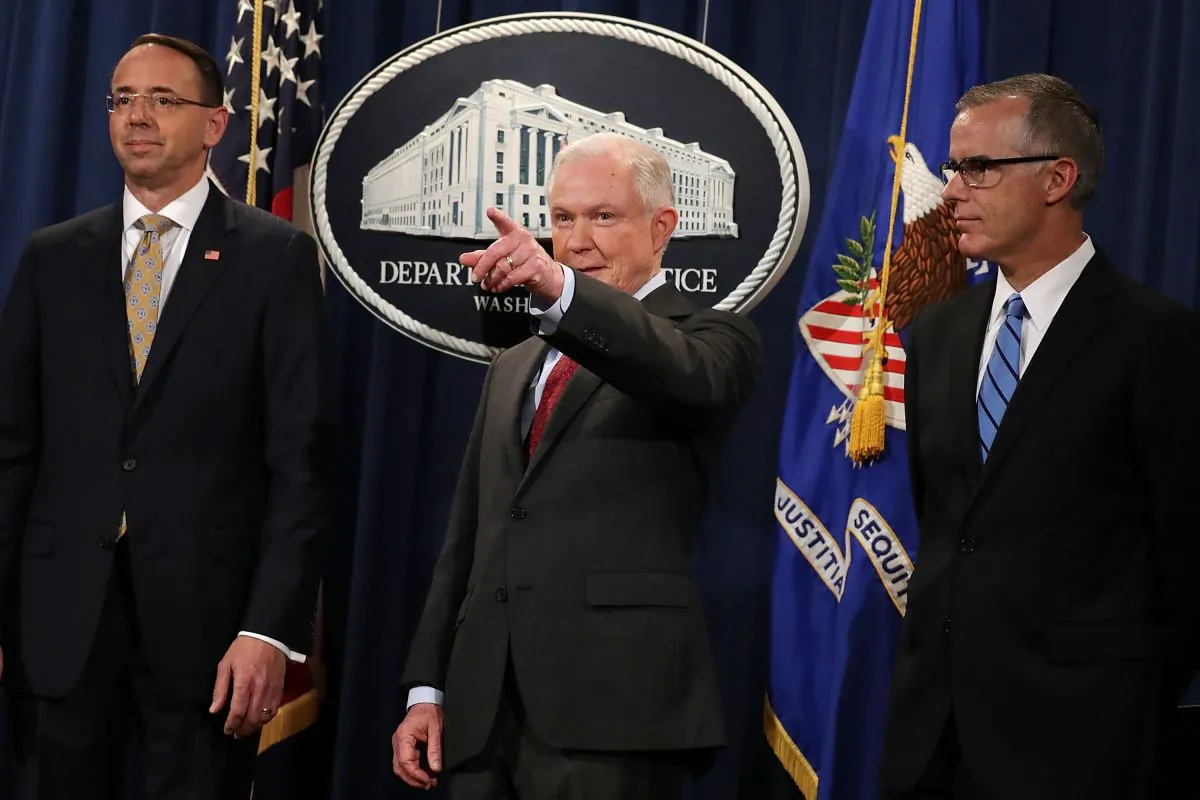(L-R) Deputy Attorney General Rod Rosenstein, Attorney General Jeff Sessions, and then-Acting FBI Director Andrew McCabe, at the Department of Justice on July 20, 2017. (Chip Somodevilla/Getty Images)