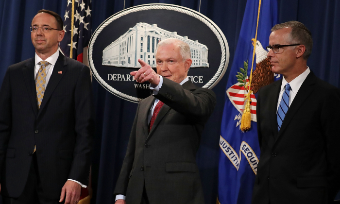 (L-R) Deputy Attorney General Rod Rosenstein, Attorney General Jeff Sessions, and then-Acting FBI Director Andrew McCabe, at the Department of Justice on July 20, 2017. (Chip Somodevilla/Getty Images)