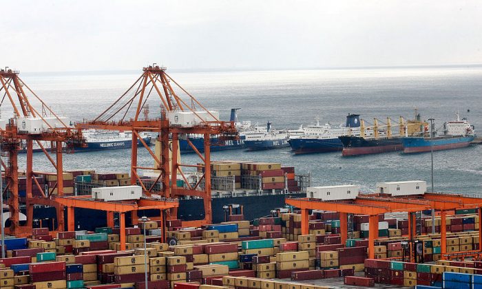 Shipping container cranes line the Piraeus cargo port in Greece on Feb. 11, 2015. (Milos Bicanski/Getty Images)
