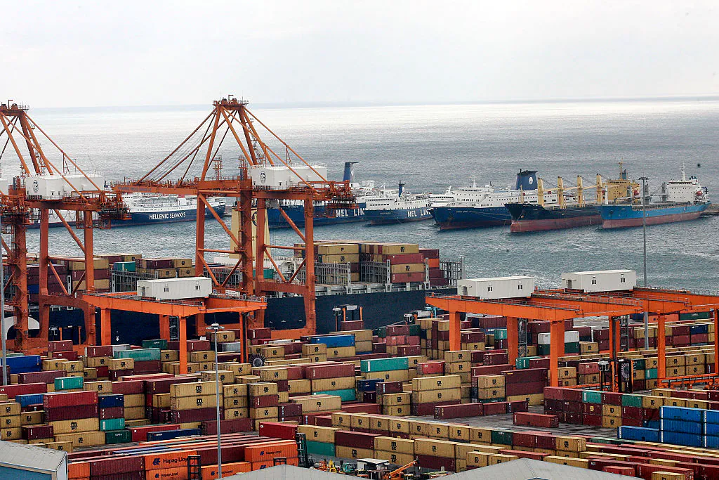 Shipping container cranes line the Piraeus cargo port in Greece on Feb. 11, 2015. (Milos Bicanski/Getty Images)