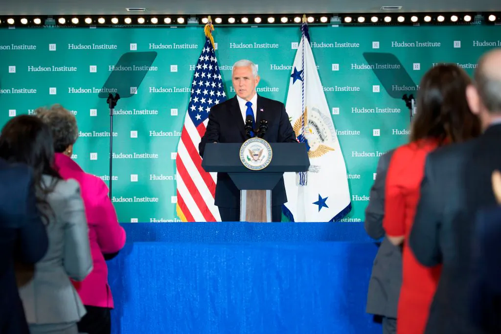 US Vice President Mike Pence addresses the Hudson Institute on the administration's policy towards China in Washington, DC, on October 4, 2018. - Pence on Thursday accused China of seeking a change of power in the White House, stepping up allegations of electoral interference. (JIM WATSON/AFP/Getty Images)
