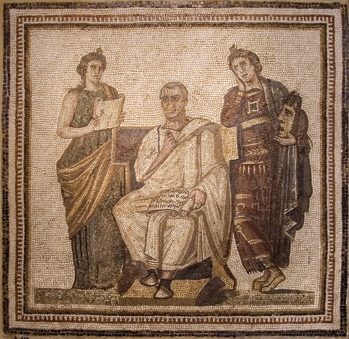 The great Latin poet Virgil, holding the “Aenid” and flanked by the two muses: "Clio" (history) and "Melpomene" (tragedy). The 3rd century A.D. mosaic was discovered in Sousse, Tunisia. Bardo Museum in Tunis, Tunisia. (Public Domain)