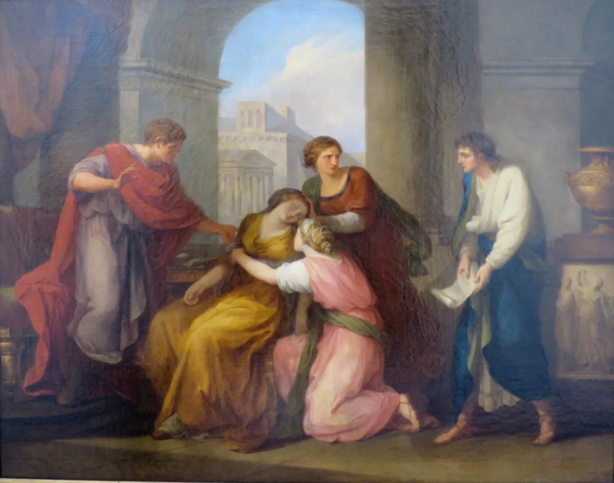 “Virgil reading his ‘Aeneid’ to Octavia and Augustus,” 1788, by Angelica Kauffmann. A legend in ancient Roman history tells of Octavia, the sister of the Emperor Augustus, who faints when hearing Virgil’s verses, which remind her of the early death of her son. (Public Domain)