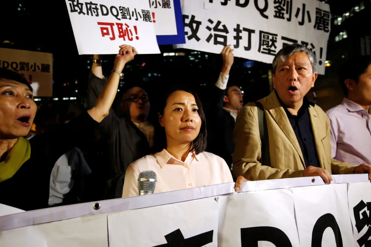 Disqualified pro-democracy lawmaker Lau Siu-lai attends a protest outside the Legislative Council in Hong Kong, China on Oct. 12, 2018. (Bobby Yip/ Reuters)