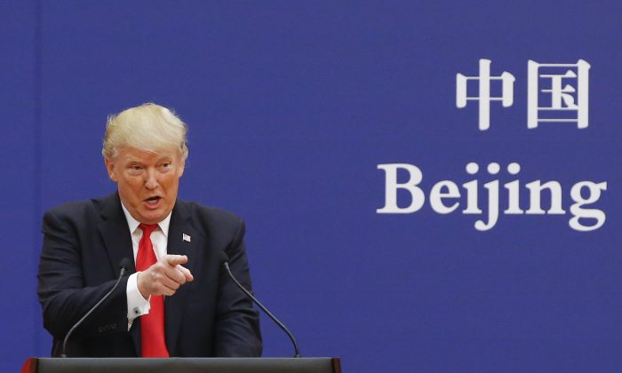 U.S. President Donald Trump speaks to Chinese business leaders in Beijing on Nov. 9, 2017.  (Thomas Peter/Getty Images)