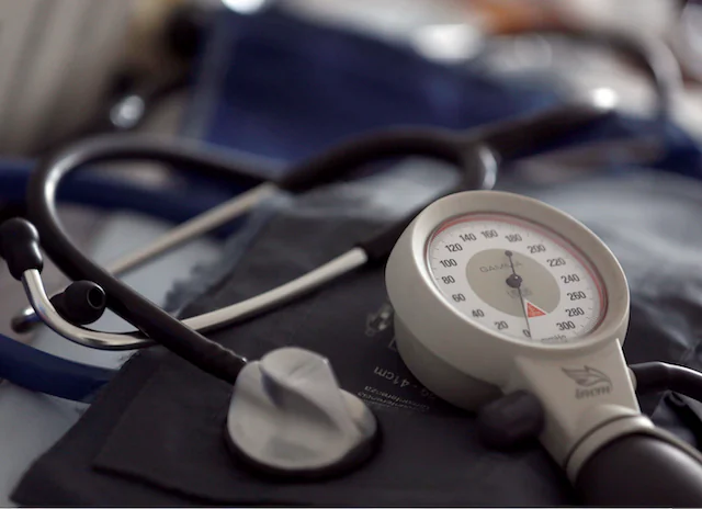 A photo illustration shows a stethoscope and blood-pressure machine of a French general practitioner displayed in a doctor's office in Bordeaux Jan. 7, 2015. (Reuters/Regis Duvignau)