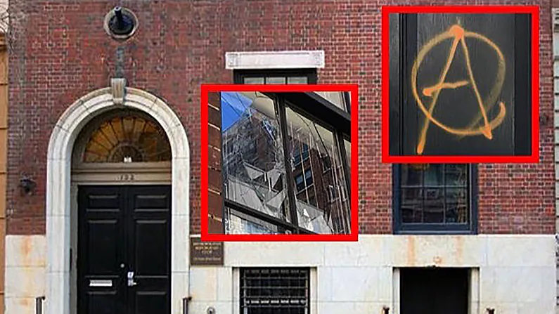 Vandals threw a brick through a front window, glued door locks, damaged a keypad, and spray-painted anarchy symbols on a New York Republican Party supporters’ club. (Help repair our Club/GoFundMe)