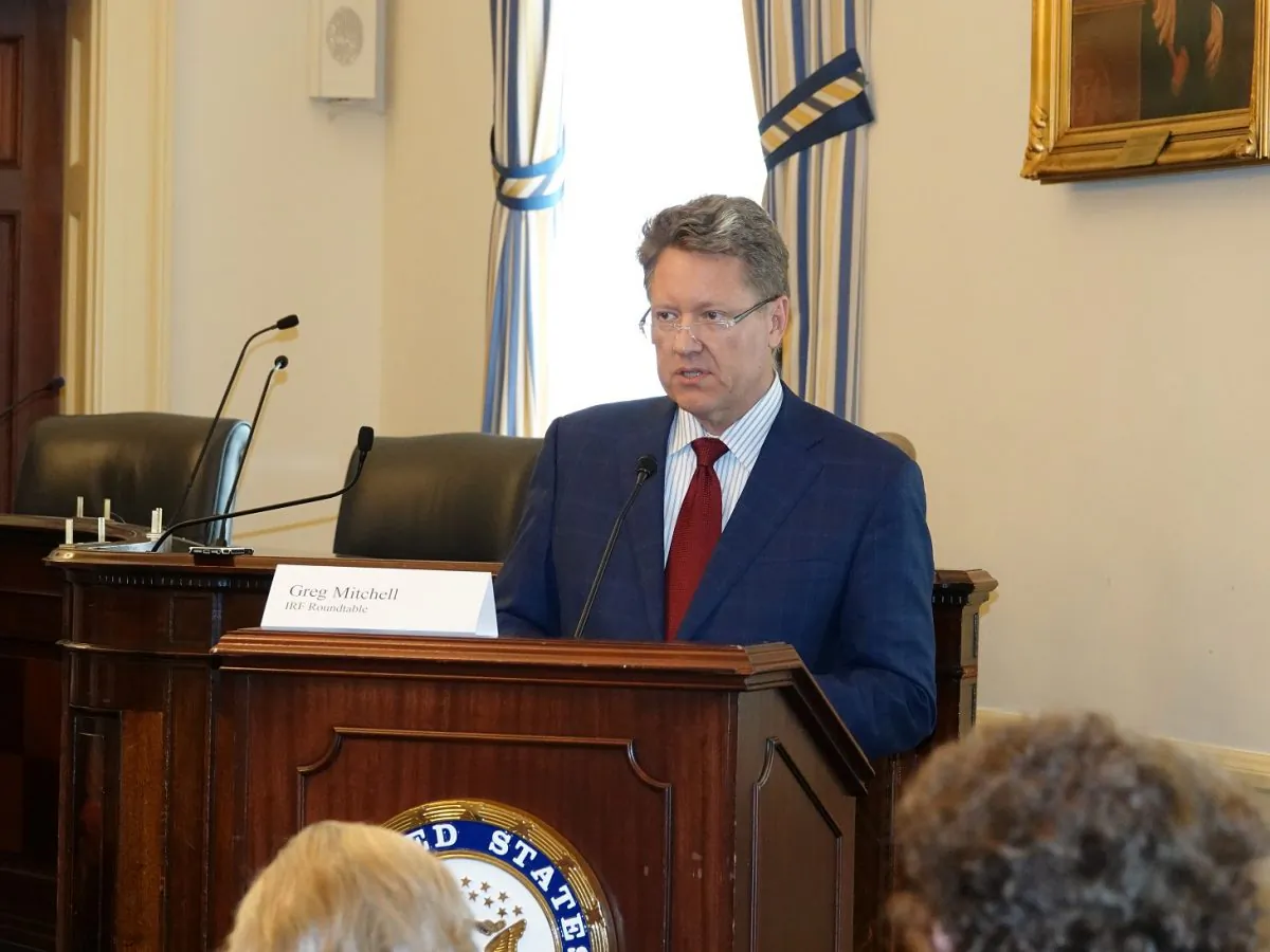 Greg Mitchell, Managing Co-Chair of the International Religious Freedom Roundtable takes part in a briefing on religious freedom in China on Capitol Hill in Washington on Oct. 11, 2018. (York Du/NTD)