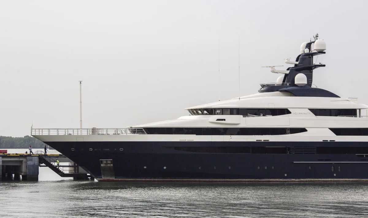 Equanimity, the US$250 million luxury yacht that fugitive Malaysian businessman Low Taek Jho allegedly bought with funds embezzled from 1Malaysia Development Berhad (1MDB) in Selangors, Malaysia, on Aug. 8, 2018. (Ore Huiying/Getty Images)