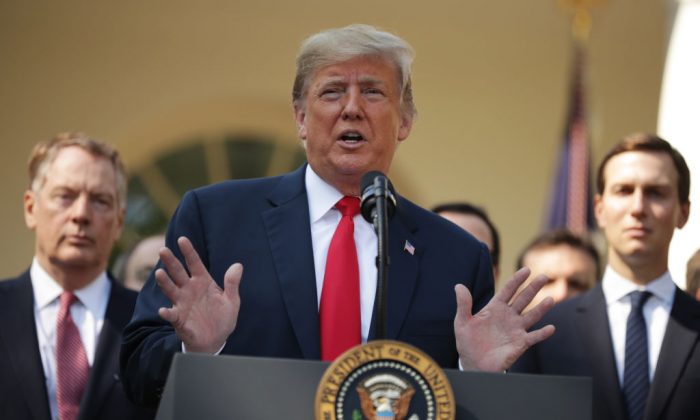 President Donald Trump speaks during a press conference to discuss a revised U.S. trade agreement with Mexico and Canada in the Rose Garden of the White House in Washington, on Oct. 1. (Chip Somodevilla/Getty Images)