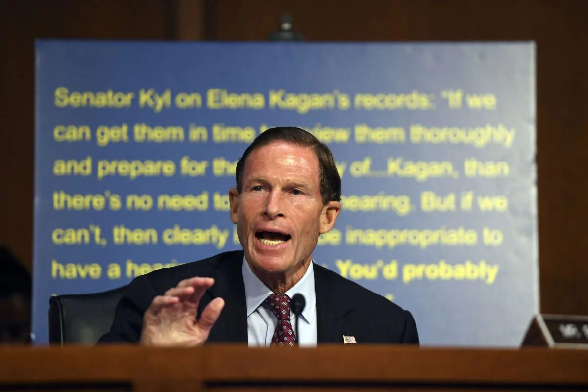 Sen. Richard Blumenthal speaks on the first day of U.S. Supreme Court nominee Brett Kavanaugh's confirmation hearing in front of the U.S. Senate on Capitol Hill in Washington D.C., on Sept. 4, 2018. (Saul Loeb/AFP/Getty Images)