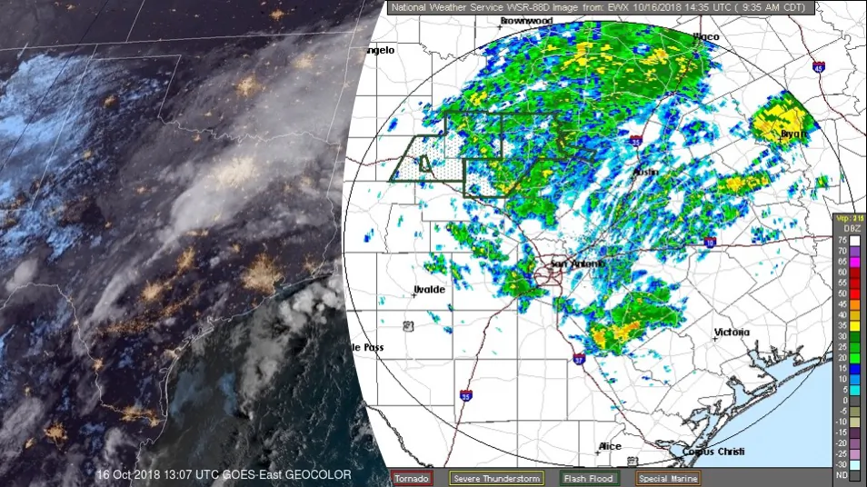 Left: Satellite imagery of Texas, Oct. 16, 2018. Right: National Weather Service weather warning graphic, Oct. 16, 2018. (NOAA)
