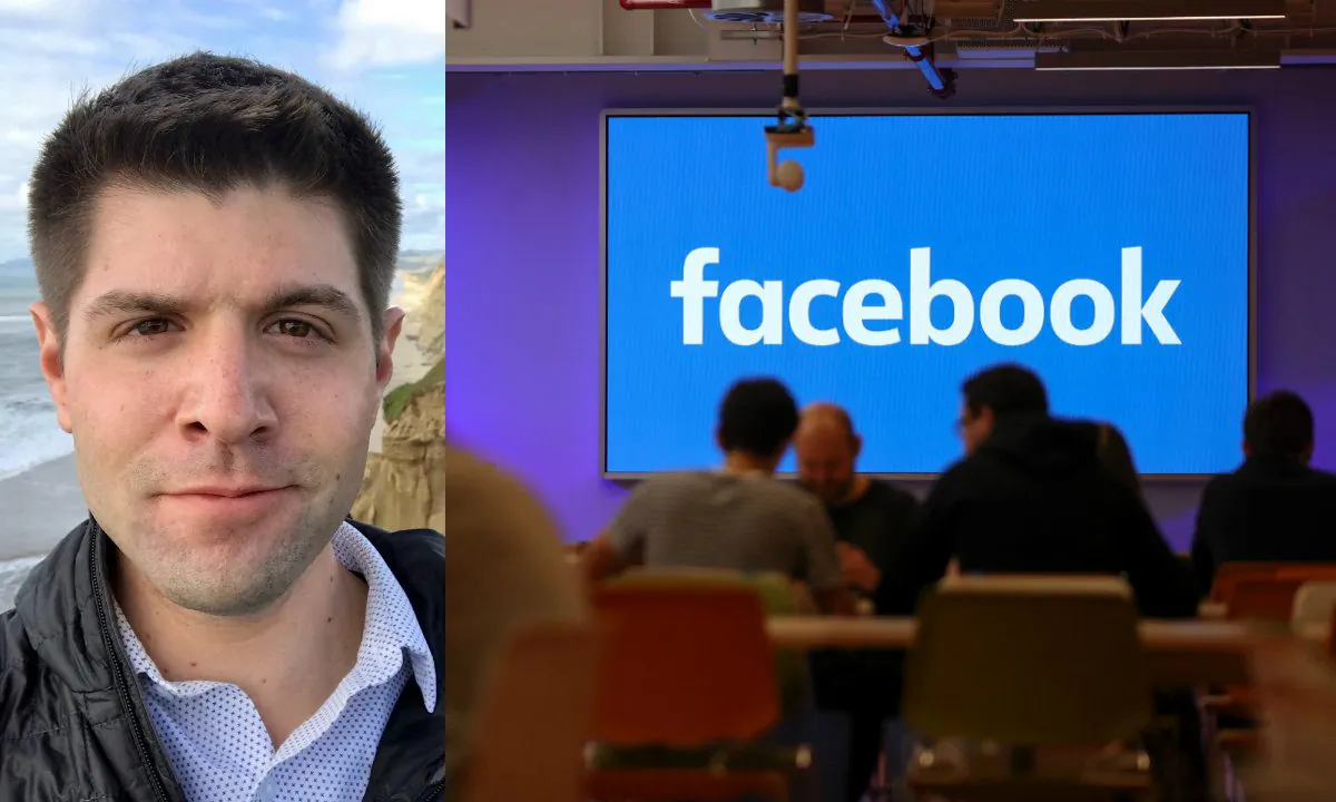 (L) Former Facebook engineer Brian Amerige; (R) Employees have lunch at the canteen at Facebook's new headquarters in central London on Dec. 4, 2017. (Courtesy of Brian Amerige; Daniel Leal-Olivas/AFP/Getty Images)