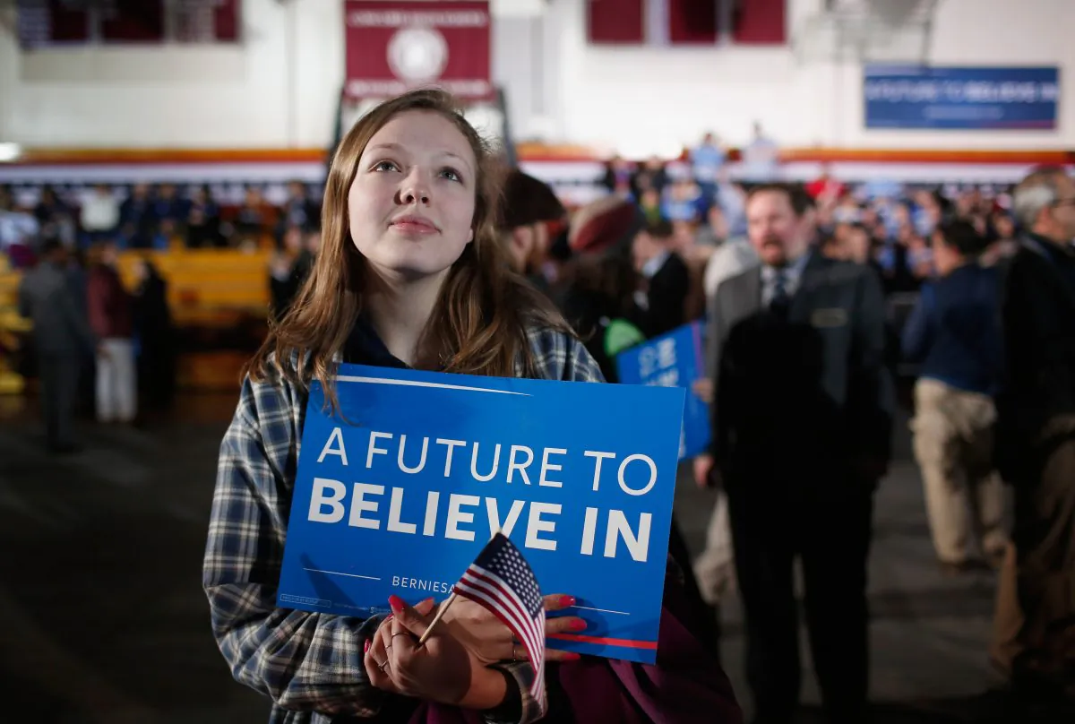 A Bernie Sanders supporter at the candidate’s New Hampshire Primary Night watch party on Feb 9, 2016. (Win McNamee/Getty Images)