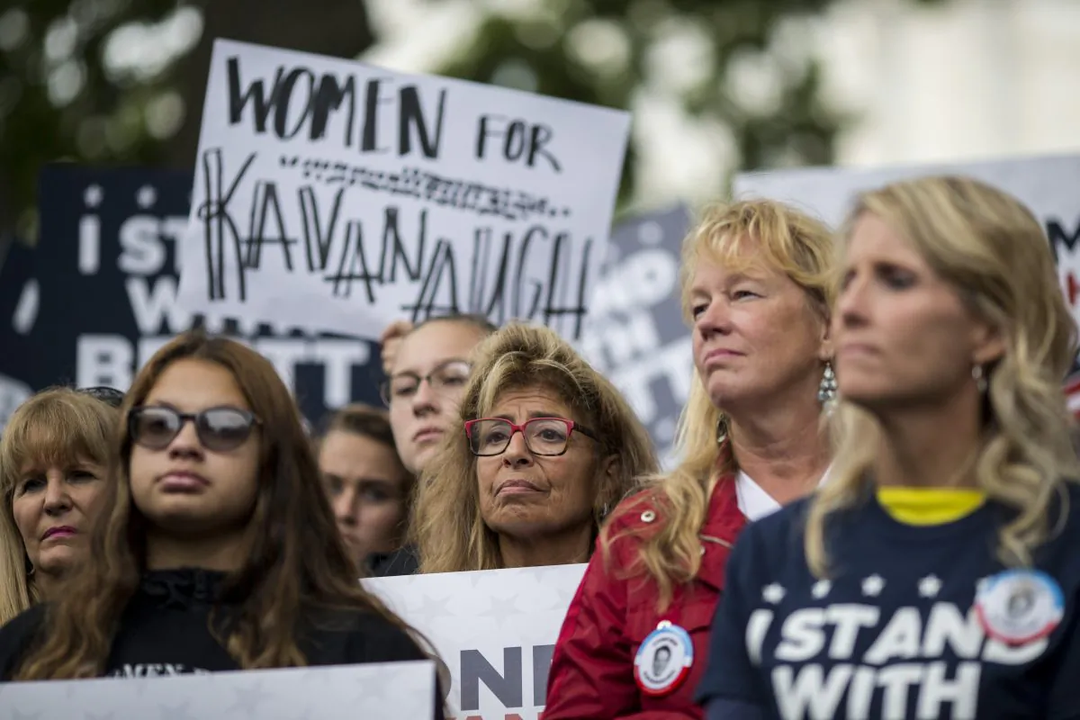 Demonstrators held a rally to support Supreme Court Nominee Brett Kavanaugh on Sept. 27, 2018 in Washington, DC. A feminist writer has labeled the women who supported Kavanaugh as "gender traitors," an example of tribalism encouraged by Democrats. (Zach Gibson/Getty Images)