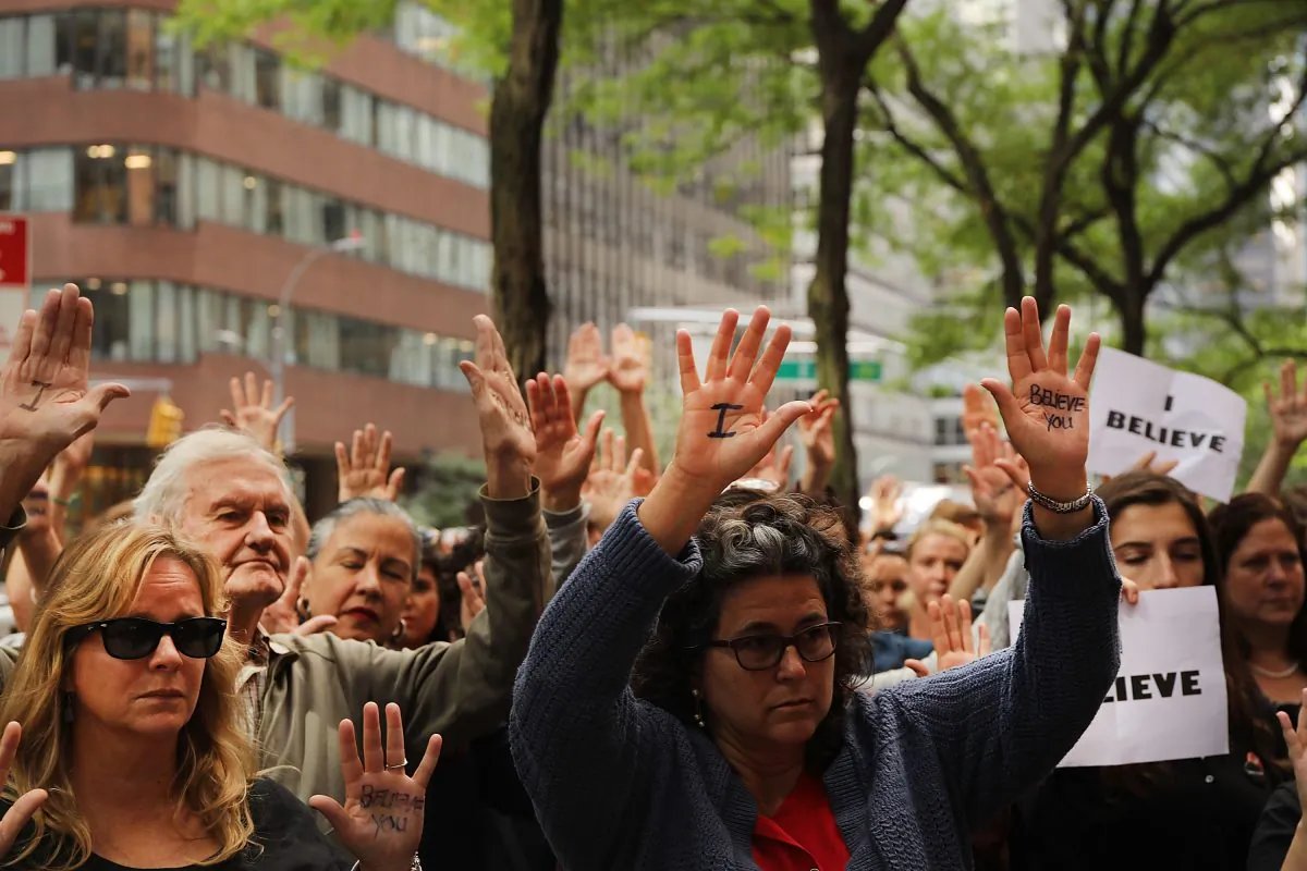 Dozens of protesters against the confirmation of Republican Supreme court appointee Justice Brett Kavanaugh gathered in New York on Sept. 27, 2018, expressing their belief of Dr. Christine Blasey Ford. (Spencer Platt/Getty Images)