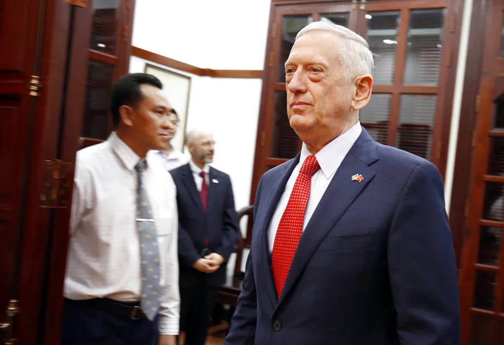 U.S. Defense Secretary Jim Mattis arrives for a meeting with Ho Chi Minh City's communist party chief Nguyen Thien Nhan in Ho Chi Minh City, Vietnam on Oct. 16, 2018. (Kham/Pool Photo via AP)