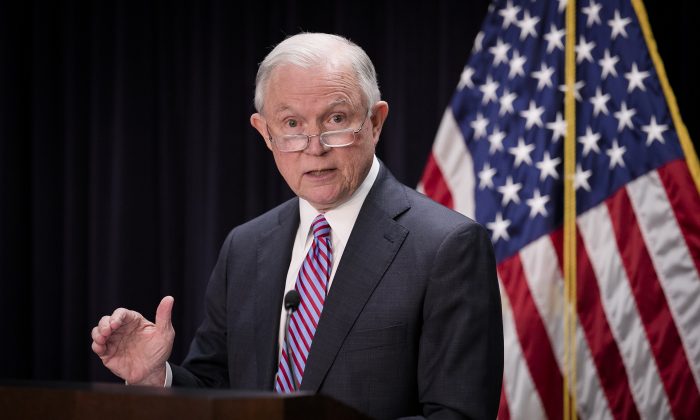 Attorney General Jeff Sessions at a press conference in Baltimore, Md., on Dec. 12, 2017. (Samira Bouaou/The Epoch Times)