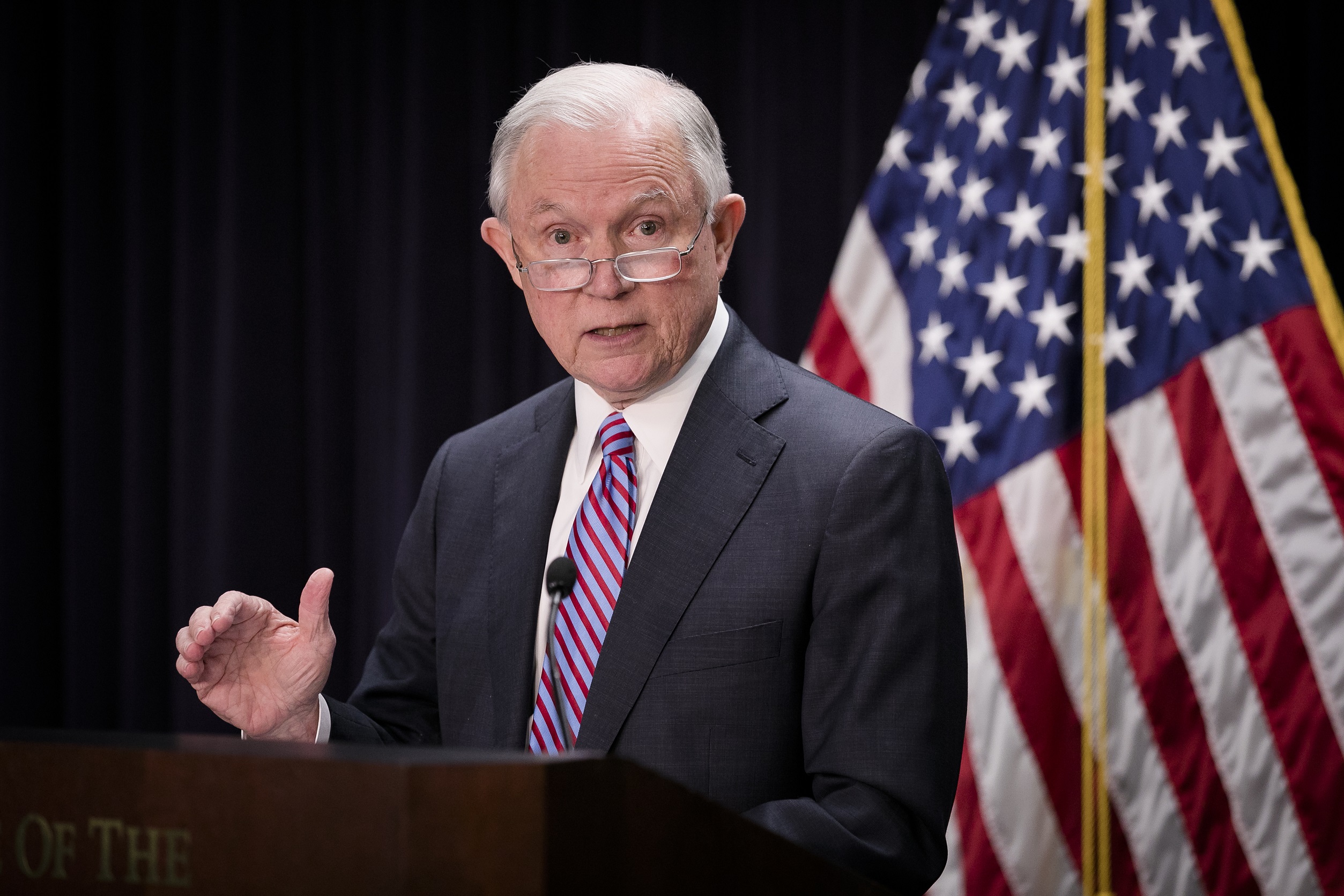 Attorney General Jeff Sessions at a press conference in Baltimore