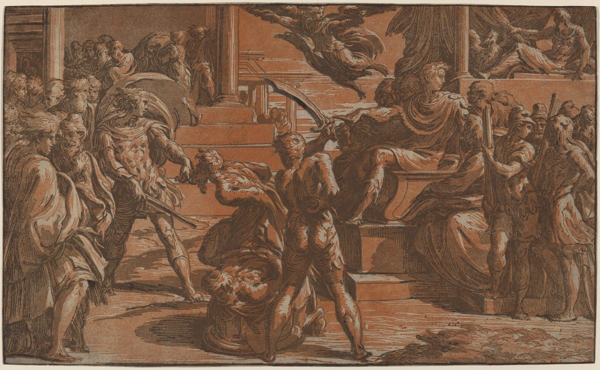 Classical scene: red ochre and blue-gray color renaissance chiaroscuro print of two Saints being martyred by Roman soldiers.