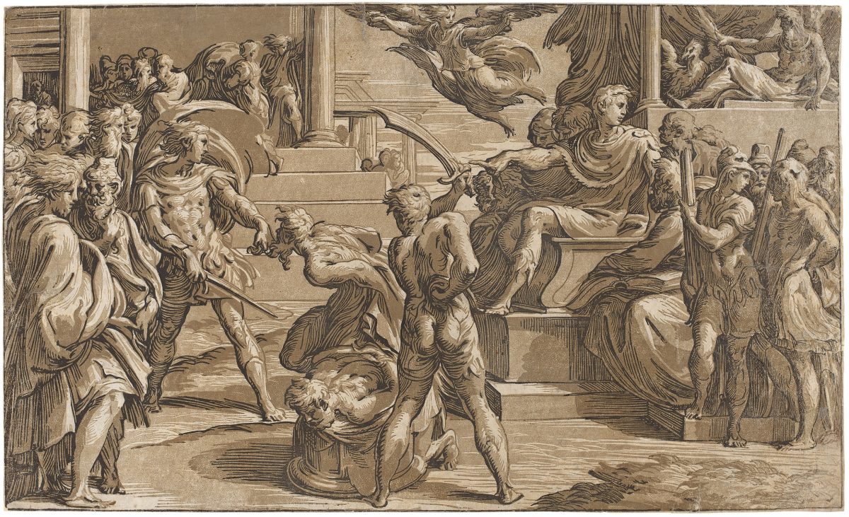 “Martyrdom of Two Saints,” circa 1527–1530, by Antonio da Trento, after Parmigianino. Chiaroscuro woodcut from three blocks in light gray-brown, medium gray-brown, and black, state i/ii, 11 1/2 inches by 19 inches. Gift of Ruth Cole Kainen. (National Gallery of Art)